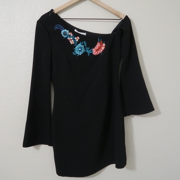 NEW Rachel Zoe Harper One Shoulder Mini Dress Cocktail Floral Embellished Black - Picture 2 of 11